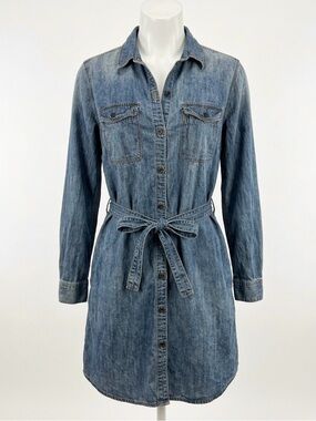 GAP 1969 Denim Shirt Dress Medium Blue Wash Long Sleeve Belted Midi